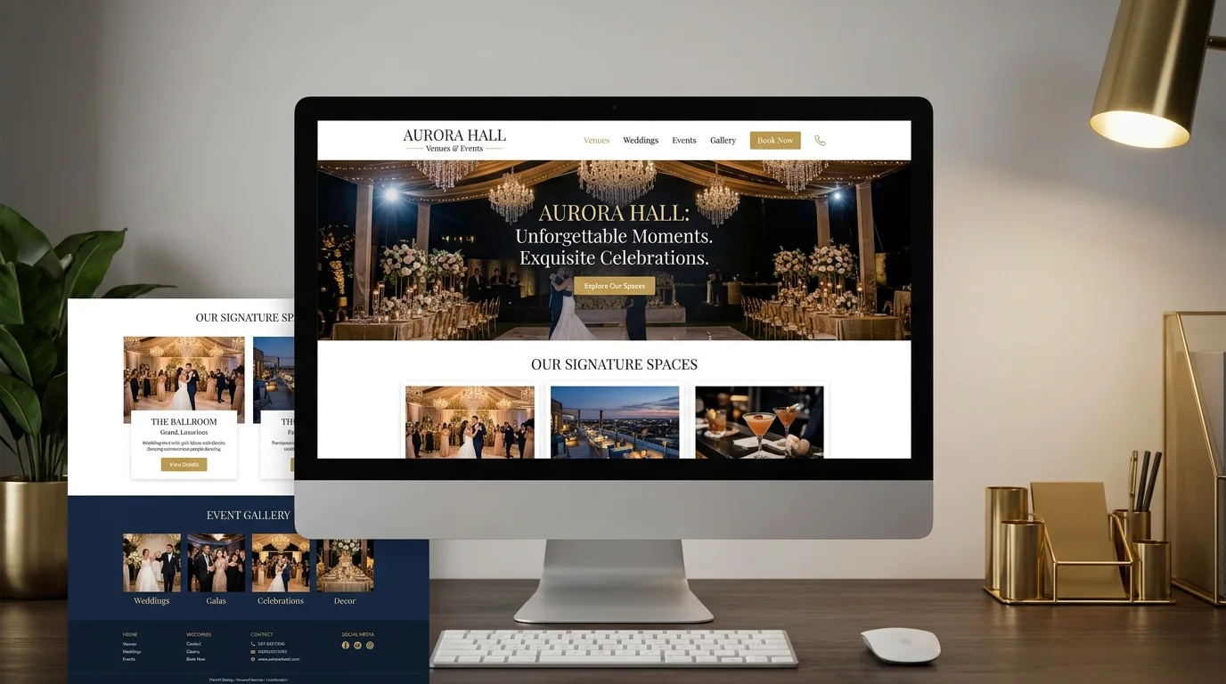 Desktop screen displaying the Canaan Events modern website layout with event spaces and wedding showcase