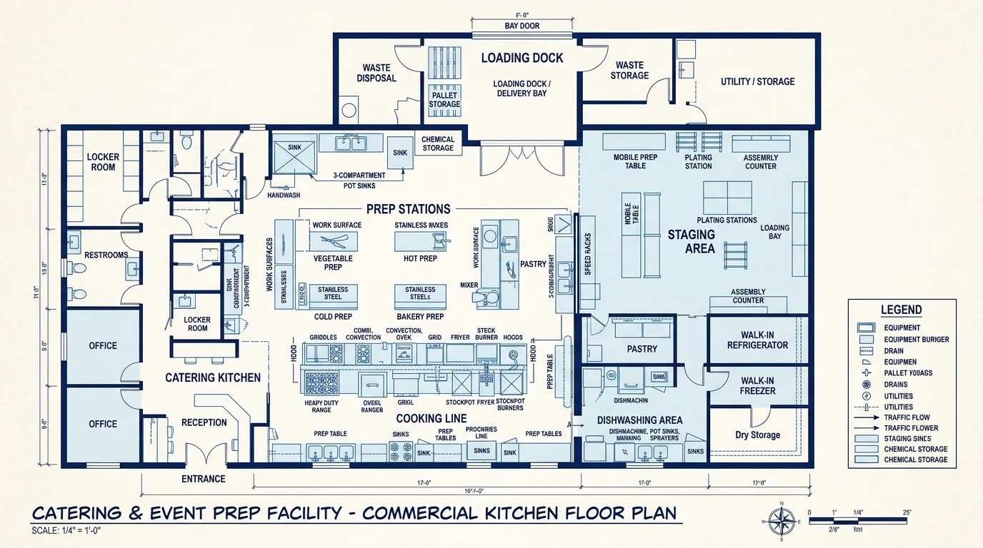 Architectural 2D blueprint floor plan of Heaven on Earth Catering commercial kitchen, prep lines, and loading dock