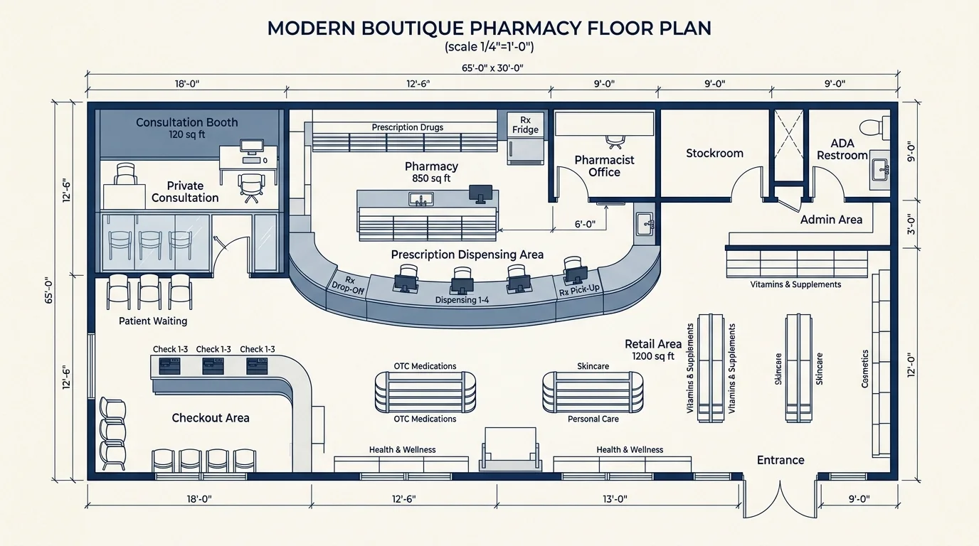 Detailed architectural 2D floor plan rendering of Reed Hutchins Pharmacy with dispensing counters and consultation booths